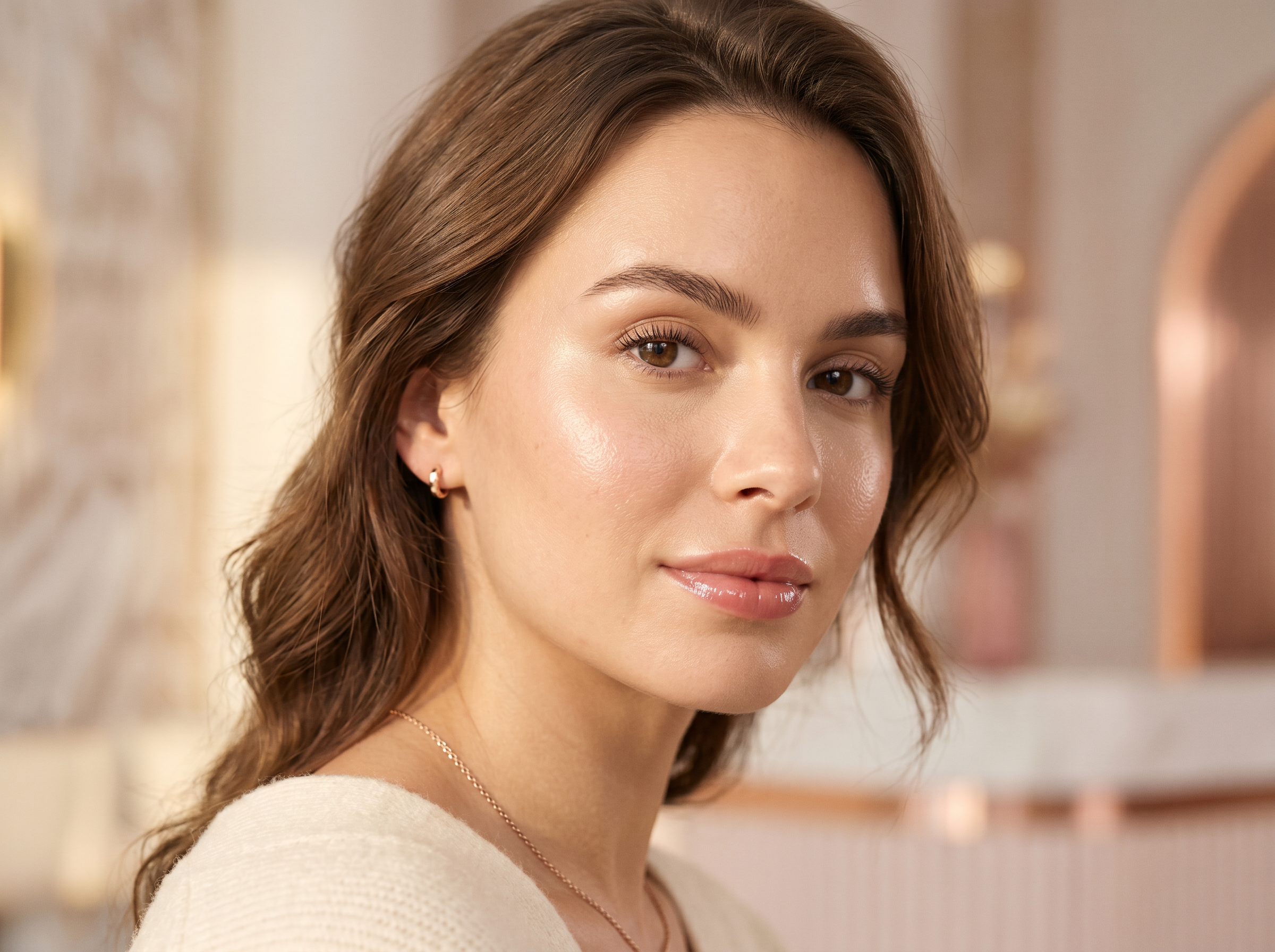 Woman with enhanced natural beauty and radiant skin at Healing Aesthetics