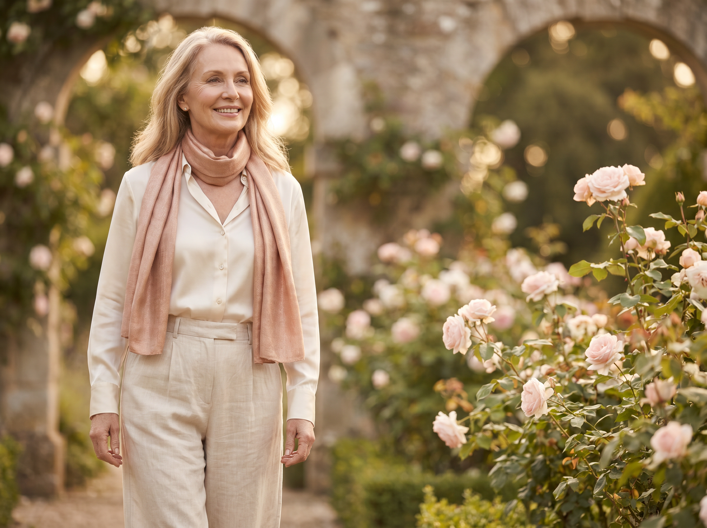 Elegant mature woman in garden — longevity and prevention