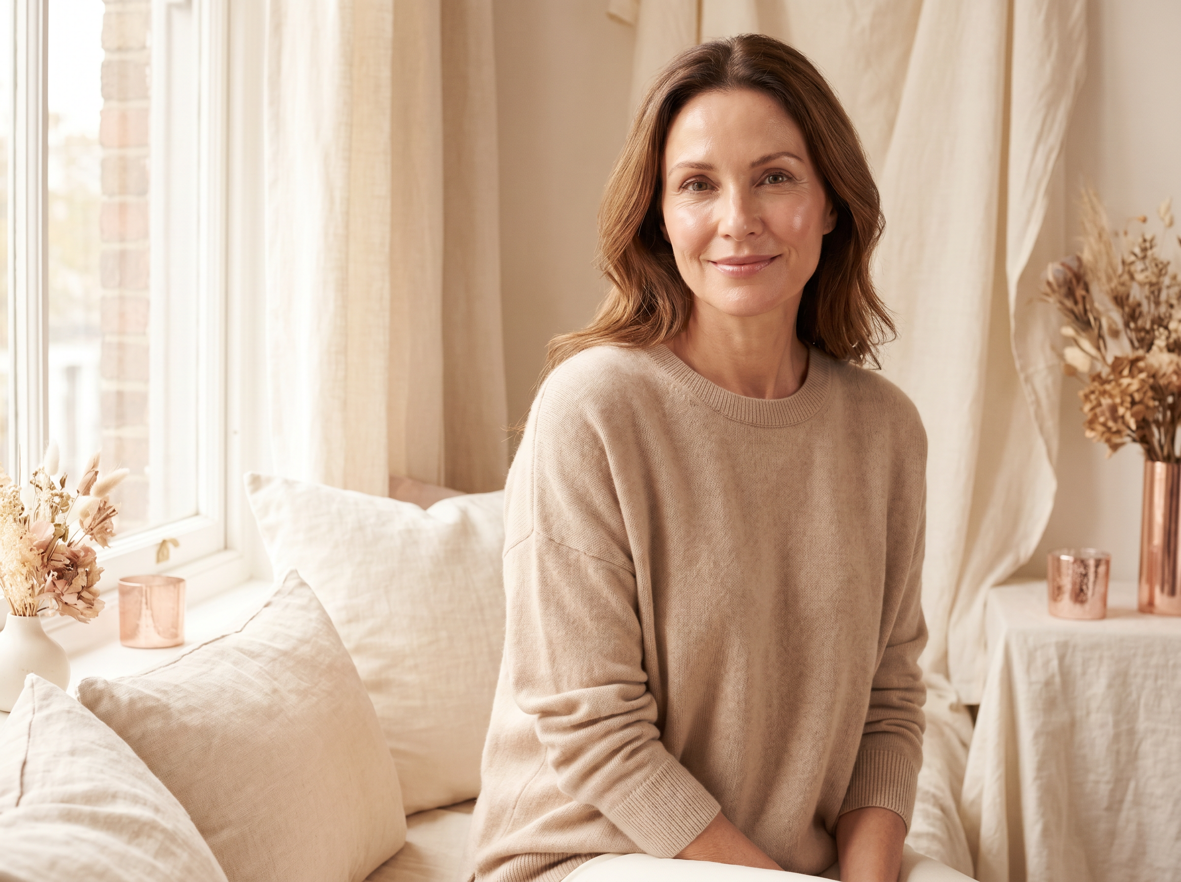 Calm woman in soft beige interior — perimenopause and menopause care